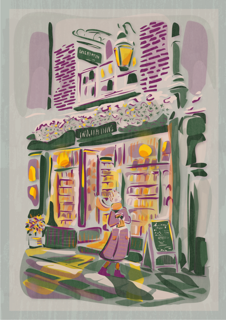 Une femme sort d'une librairie en hiver