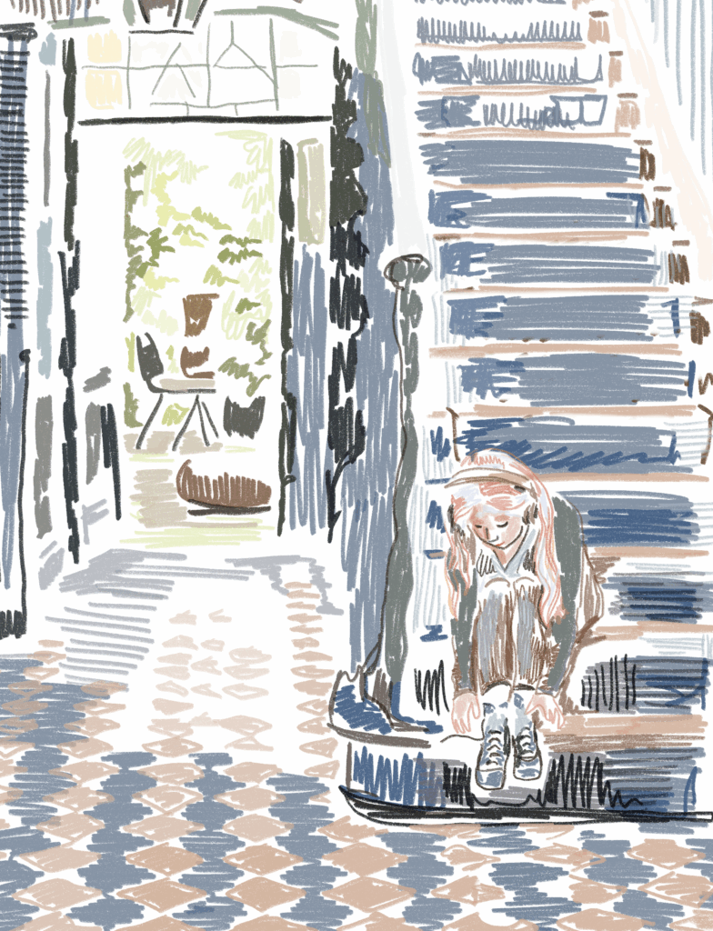 Illustration jeune femme vieille maison anglaise Londres