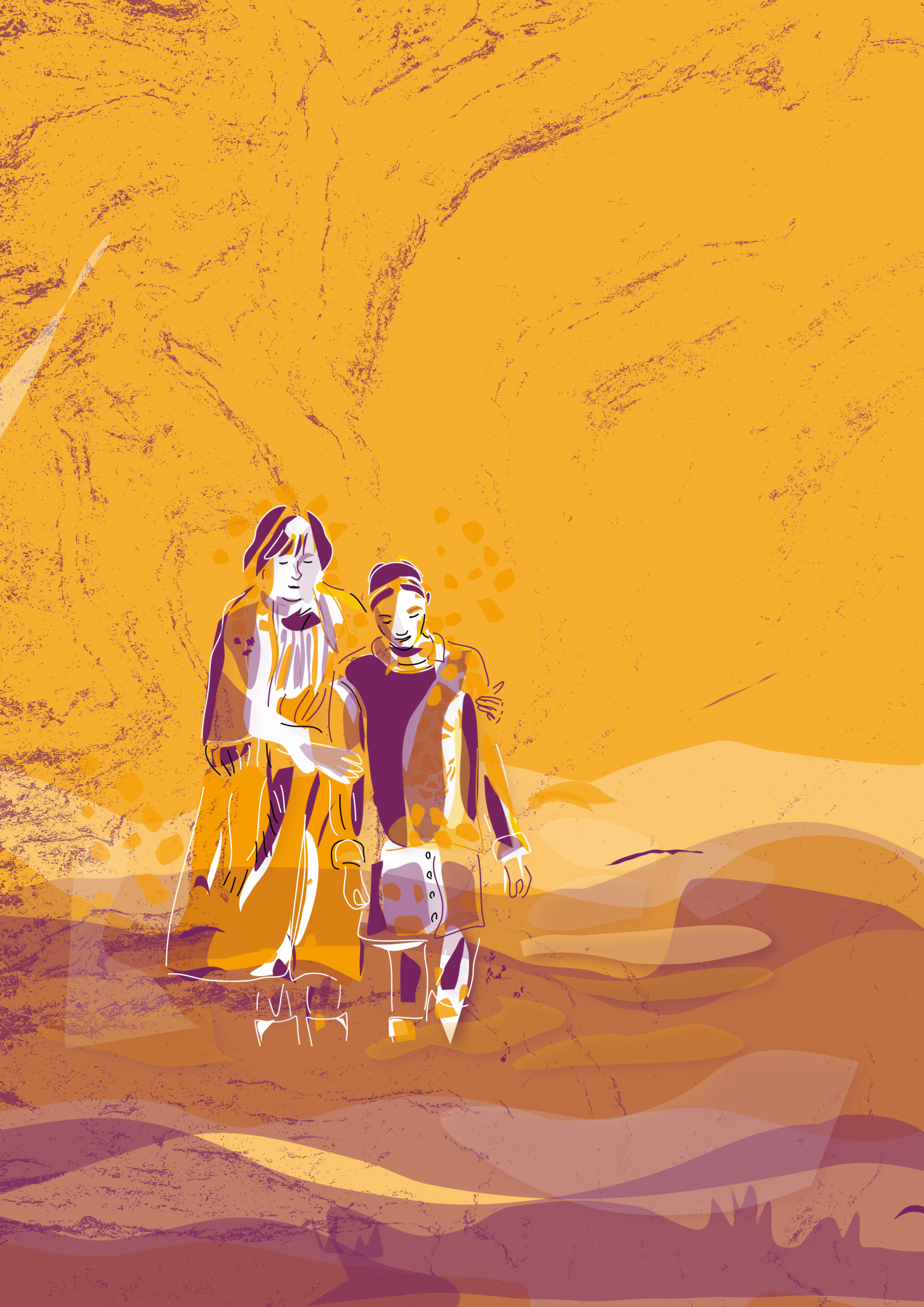 Une grand mère et sa petite fille marche dans l'eau dans un décor imaginaire, thème de l'exil et des migrants