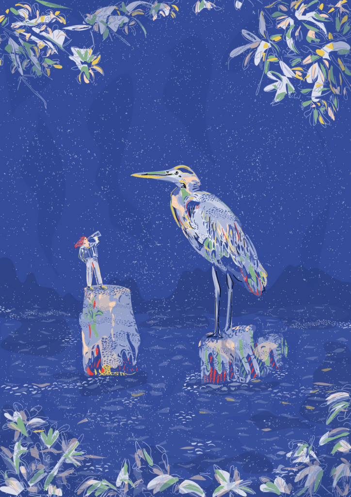 Illustration de nature, héron, animaux sur un fleuve pour une couverture de livre.