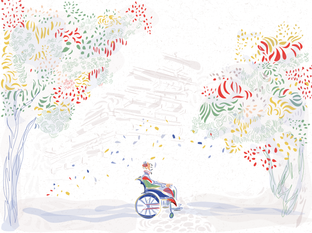 Un homme en fauteuil roulant est plein d'espoir et regarde vers l'avenir.