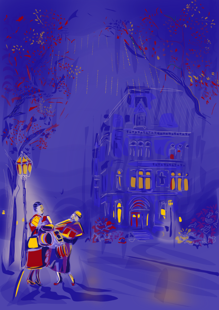 Deux femmes joyeuses portent des paquets cadeaux colorés lors d'une soirée de Noël, ambiance lumineuse et festive