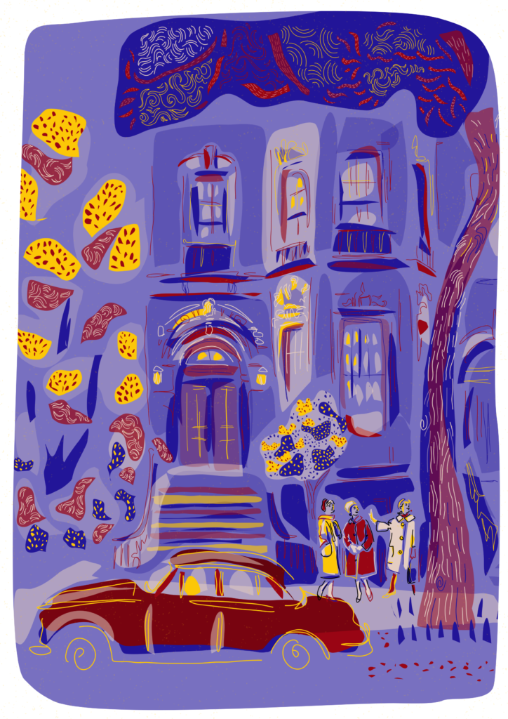 Trois femmes dans la rue devant un bel immeuble type new-yorkais, ambiance rétro années 60
