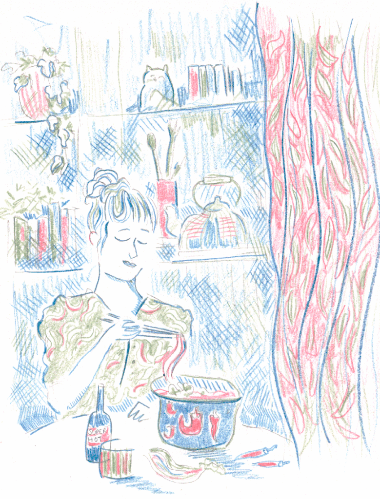 Illustration de femme seule qui mange nourriture asiatique pour la presse