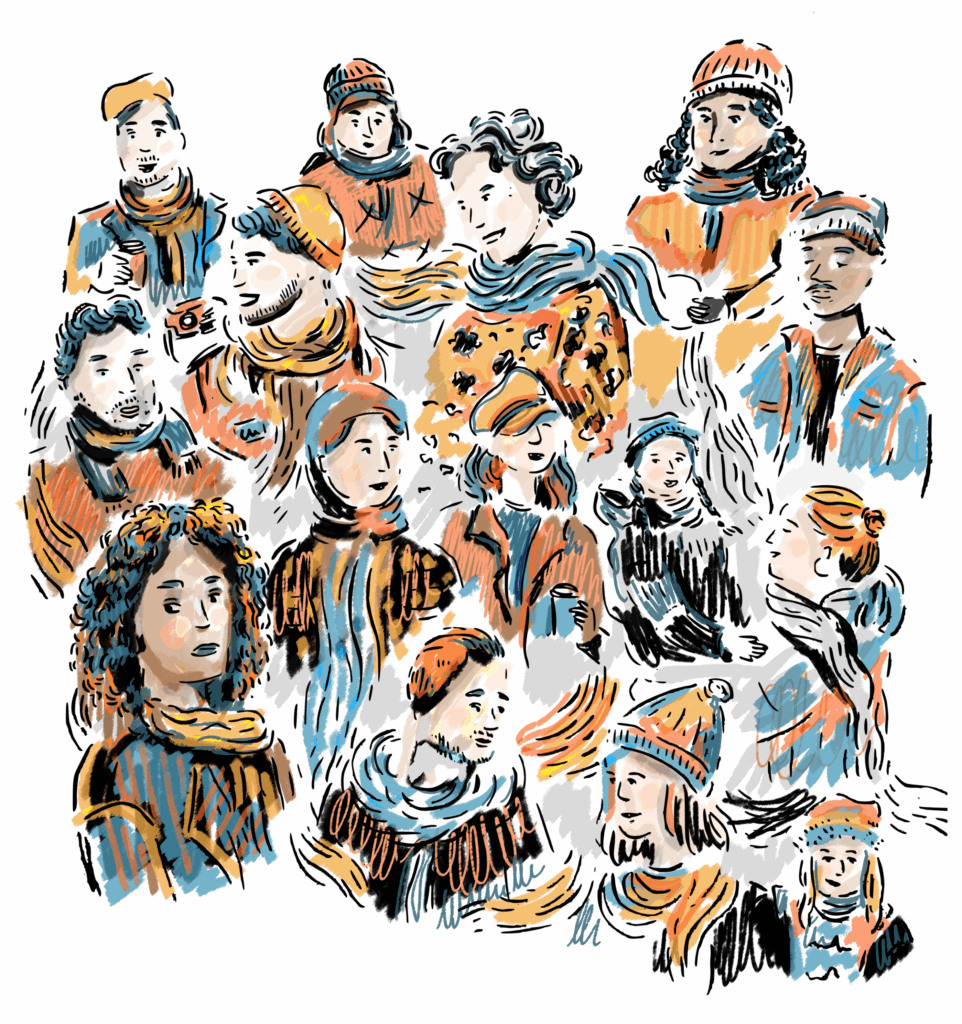 Foule de gens en hiver, diversité de profils, illustration pour la presse et les magazines